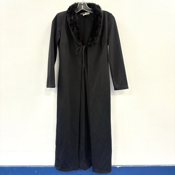 Vintage CALIFORNIA CONCEPTS Fur Collar Jacket Womens M Black 90s Long Tie Front - Picture 1 of 9